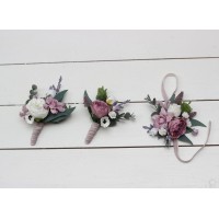  Wedding boutonnieres and wrist corsage  in lilac white mauve color scheme. Flower accessories. 5059-2