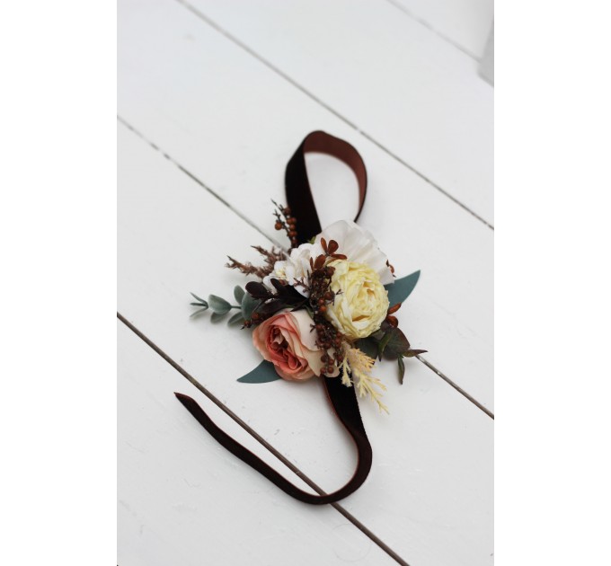 Wedding Boutonnieres & Wrist Corsage in Orange, Rust, Cinnamon & Peach | Faux Flower Accessories