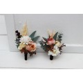  Wedding boutonnieres and wrist corsage  in orange rust cinnamon peach color scheme. Flower accessories. 5058