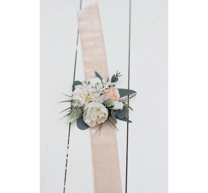 Wedding Boutonnieres & Wrist Corsage in White & Blush Pink | Faux Flower Accessories