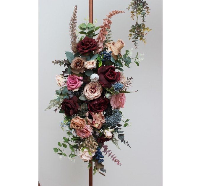  Flower arch arrangement in burgundy dusty rose blue colors.  Arbor flowers. Floral archway. Faux flowers for wedding arch. 5188