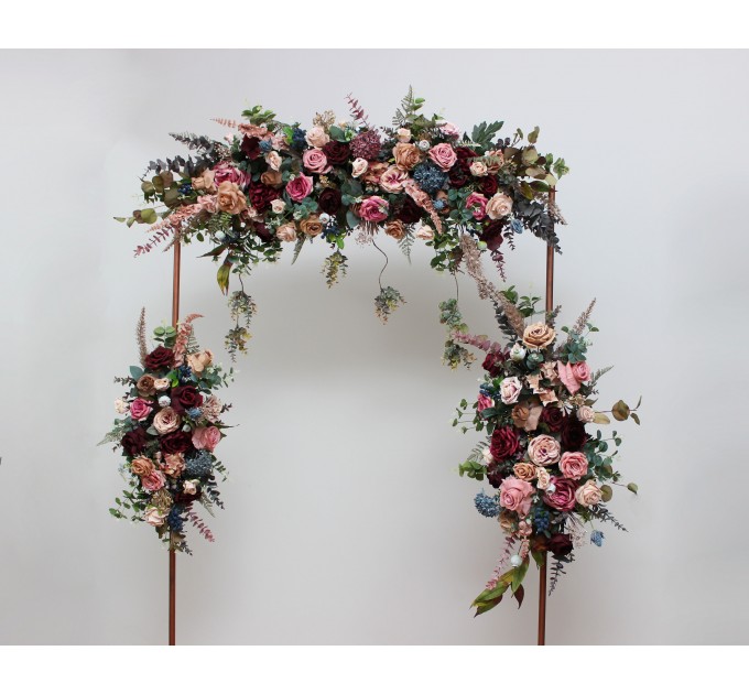  Flower arch arrangement in burgundy dusty rose blue colors.  Arbor flowers. Floral archway. Faux flowers for wedding arch. 5188