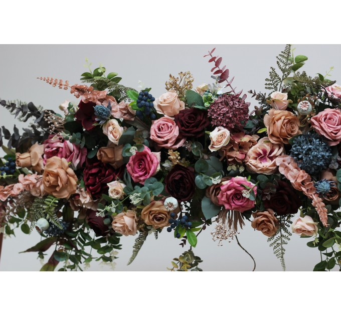  Flower arch arrangement in burgundy dusty rose blue colors.  Arbor flowers. Floral archway. Faux flowers for wedding arch. 5188