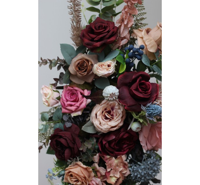  Flower arch arrangement in burgundy dusty rose blue colors.  Arbor flowers. Floral archway. Faux flowers for wedding arch. 5188