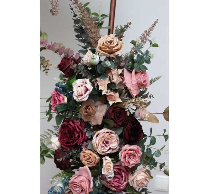  Flower arch arrangement in burgundy dusty rose blue colors.  Arbor flowers. Floral archway. Faux flowers for wedding arch. 5188