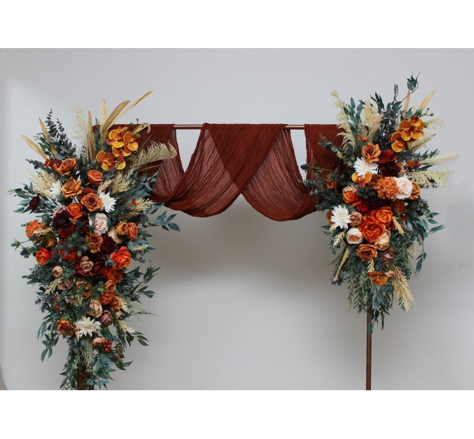  Flower arch arrangement in burnt orange burgundy and ivory colors.  Arbor flowers. Floral archway. Faux flowers for wedding arch. 5060-2