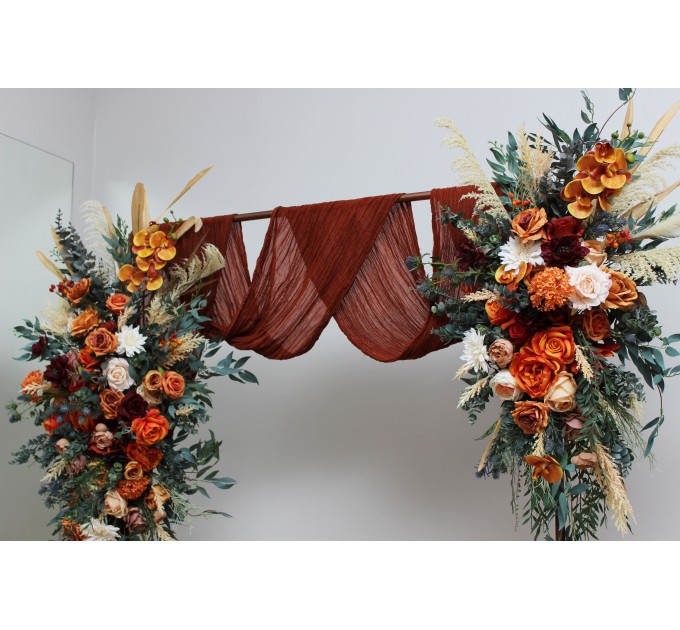  Flower arch arrangement in burnt orange burgundy and ivory colors.  Arbor flowers. Floral archway. Faux flowers for wedding arch. 5060-2