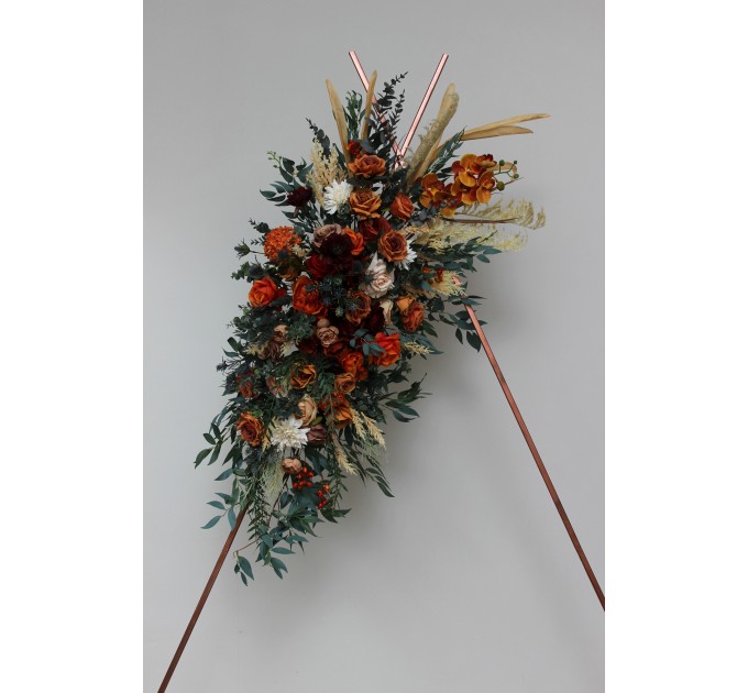  Flower arch arrangement in burnt orange burgundy and ivory colors.  Arbor flowers. Floral archway. Faux flowers for wedding arch. 5060-2