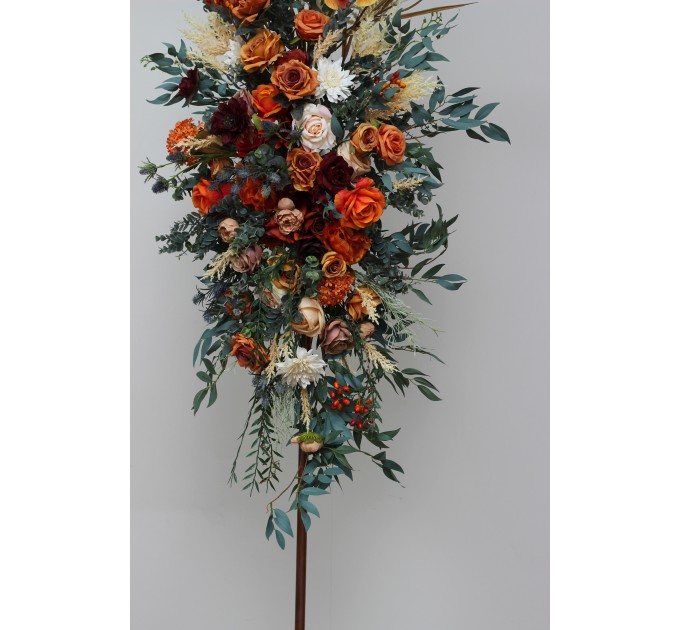  Flower arch arrangement in burnt orange burgundy and ivory colors.  Arbor flowers. Floral archway. Faux flowers for wedding arch. 5060-2