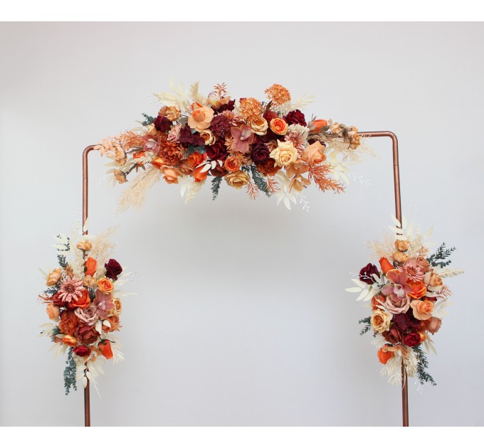 Flower arch arrangement in burnt orange burgundy peach colors.  Arbor flowers. Floral archway. Faux flowers for wedding arch. 5060-10