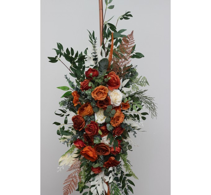  Flower arch arrangement in burnt orange ivory rust emerald green colors.  Arbor flowers. Floral archway. Faux flowers for wedding arch. 5201