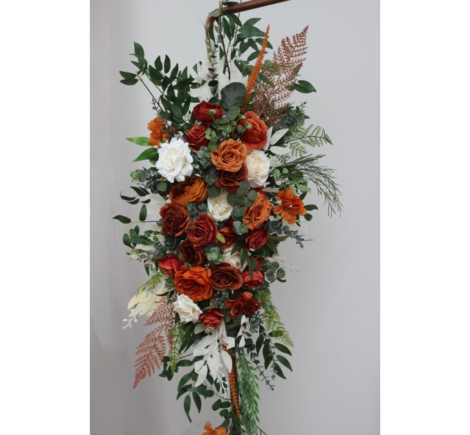  Flower arch arrangement in burnt orange ivory rust emerald green colors.  Arbor flowers. Floral archway. Faux flowers for wedding arch. 5201