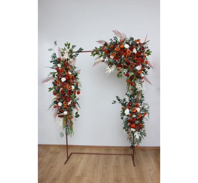  Flower arch arrangement in burnt orange ivory rust emerald green colors.  Arbor flowers. Floral archway. Faux flowers for wedding arch. 5201