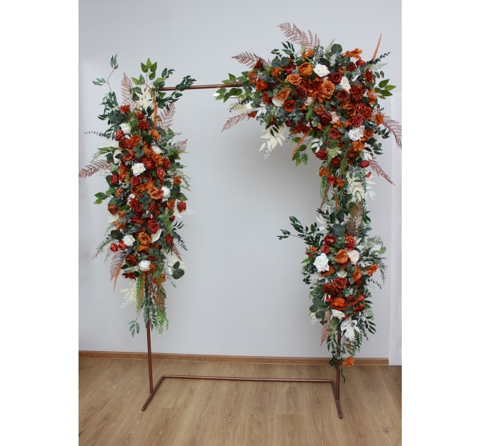  Flower arch arrangement in burnt orange ivory rust emerald green colors.  Arbor flowers. Floral archway. Faux flowers for wedding arch. 5201