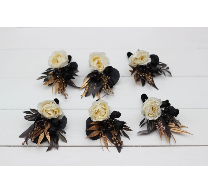  Wedding boutonnieres and wrist corsage  in ivory black gold color scheme. Flower accessories. 5159