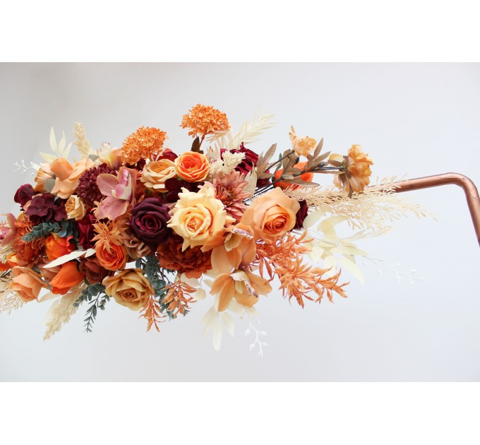  Flower arch arrangement in burnt orange burgundy peach colors.  Arbor flowers. Floral archway. Faux flowers for wedding arch. 5060-10