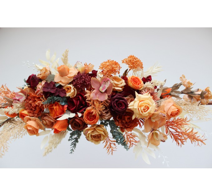  Flower arch arrangement in burnt orange burgundy peach colors.  Arbor flowers. Floral archway. Faux flowers for wedding arch. 5060-10
