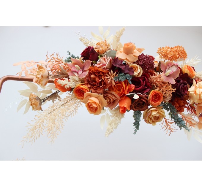  Flower arch arrangement in burnt orange burgundy peach colors.  Arbor flowers. Floral archway. Faux flowers for wedding arch. 5060-10