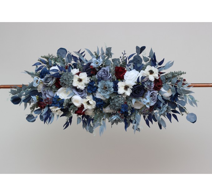  Flower arch arrangement in dusty blue navy blue burgundy white colors.  Arbor flowers. Floral archway. Faux flowers for wedding arch. 5063