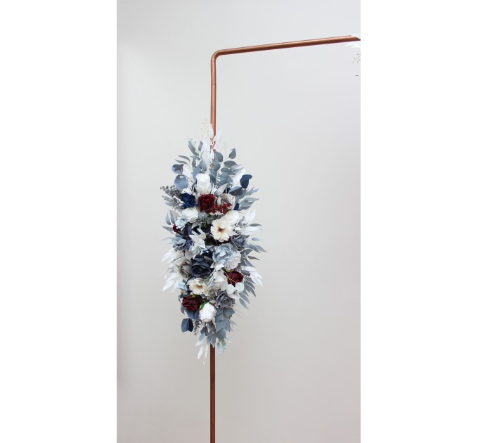 Flower arch arrangement in dusty blue navy blue burgundy white colors.  Arbor flowers. Floral archway. Faux flowers for wedding arch. 5063