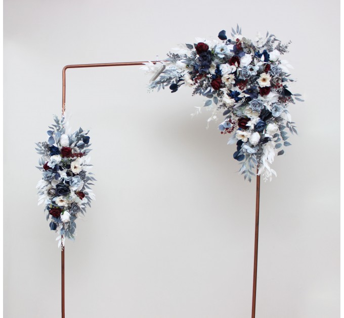  Flower arch arrangement in dusty blue navy blue burgundy white colors.  Arbor flowers. Floral archway. Faux flowers for wedding arch. 5063