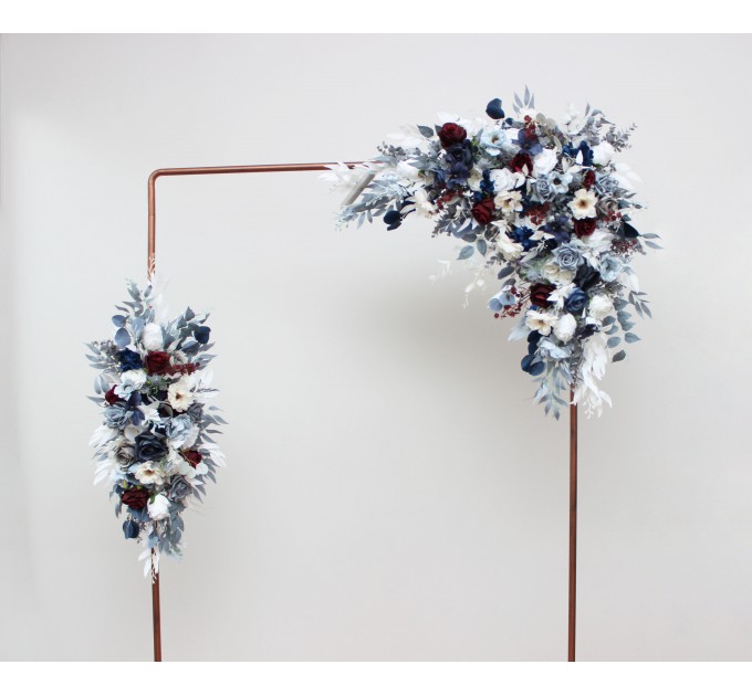  Flower arch arrangement in dusty blue navy blue burgundy white colors.  Arbor flowers. Floral archway. Faux flowers for wedding arch. 5063