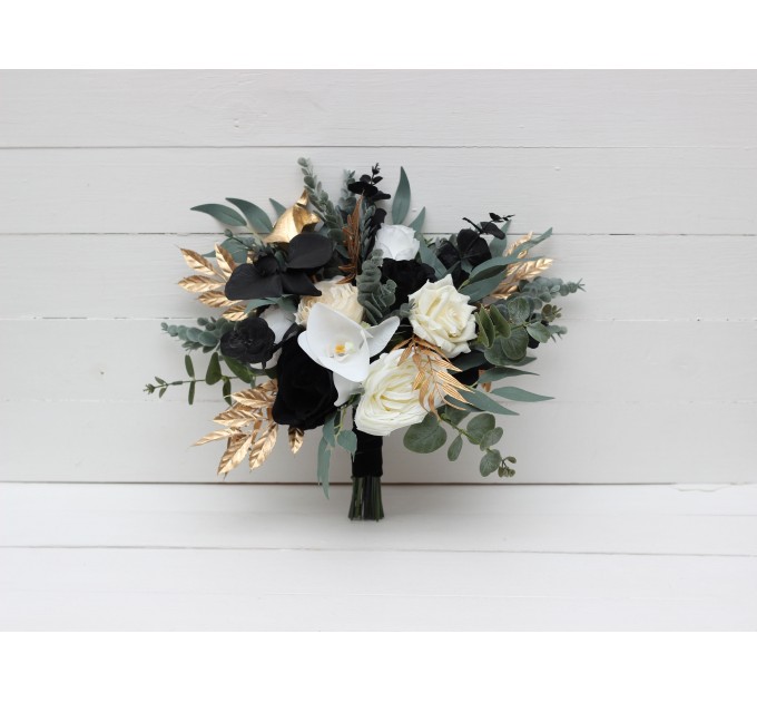 Wedding bouquets in black gold white colors. Bridal bouquet. Cascading bouquet. Faux bouquet. Bridesmaid bouquet. 5065