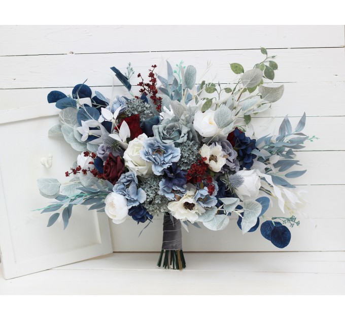 Wedding bouquets in dusty blue navy blue burgundy white colors. Bridal bouquet. Cascading bouquet. Faux bouquet. Bridesmaid bouquet. 5063