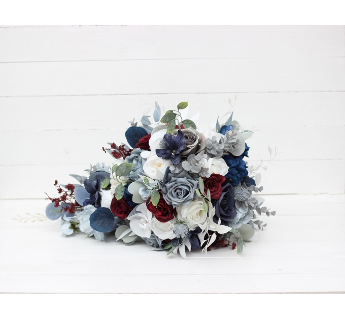 Wedding bouquets in dusty blue navy blue burgundy white colors. Bridal bouquet. Cascading bouquet. Faux bouquet. Bridesmaid bouquet. 5063