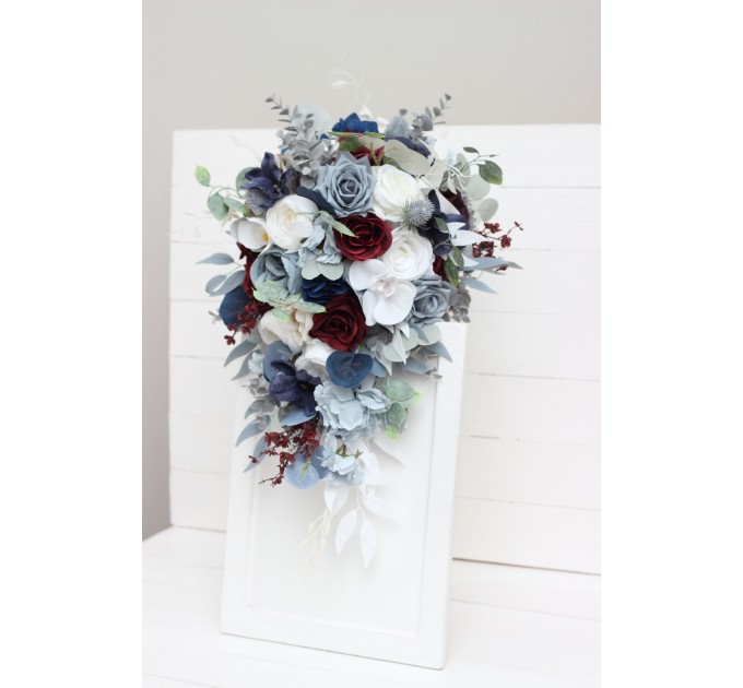 Wedding bouquets in dusty blue navy blue burgundy white colors. Bridal bouquet. Cascading bouquet. Faux bouquet. Bridesmaid bouquet. 5063