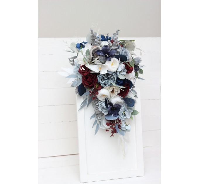 Wedding bouquets in dusty blue navy blue burgundy white colors. Bridal bouquet. Cascading bouquet. Faux bouquet. Bridesmaid bouquet. 5063