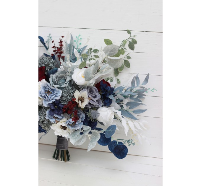 Wedding bouquets in dusty blue navy blue burgundy white colors. Bridal bouquet. Cascading bouquet. Faux bouquet. Bridesmaid bouquet. 5063