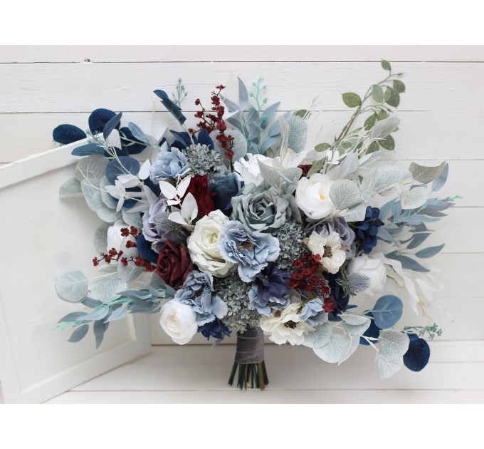 Wedding bouquets in dusty blue navy blue burgundy white colors. Bridal bouquet. Cascading bouquet. Faux bouquet. Bridesmaid bouquet. 5063