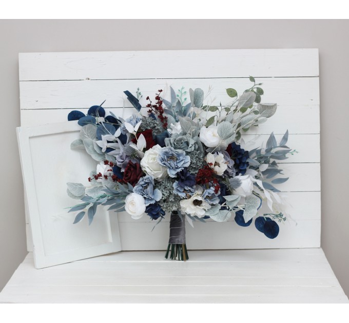 Wedding bouquets in dusty blue navy blue burgundy white colors. Bridal bouquet. Cascading bouquet. Faux bouquet. Bridesmaid bouquet. 5063