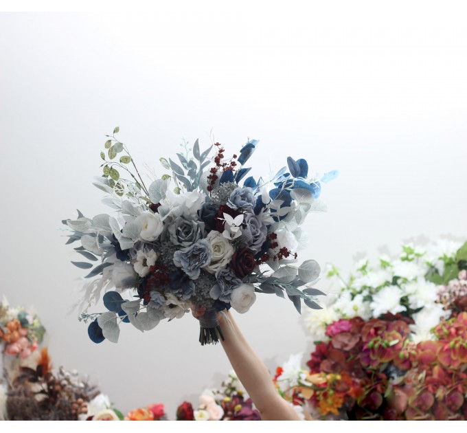 Wedding bouquets in dusty blue navy blue burgundy white colors. Bridal bouquet. Cascading bouquet. Faux bouquet. Bridesmaid bouquet. 5063