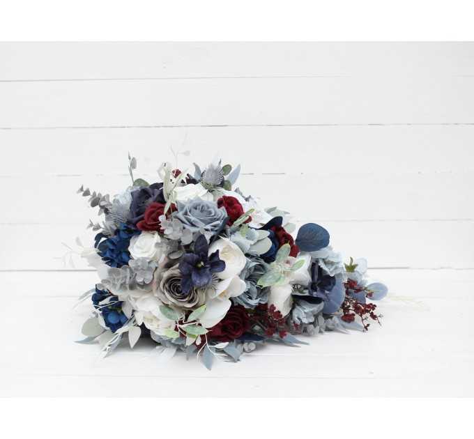 Wedding bouquets in dusty blue navy blue burgundy white colors. Bridal bouquet. Cascading bouquet. Faux bouquet. Bridesmaid bouquet. 5063
