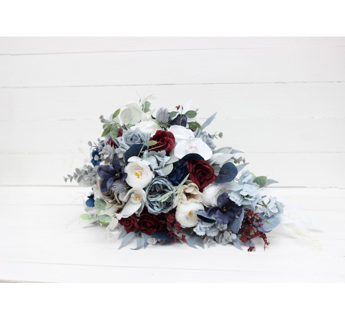 Wedding bouquets in dusty blue navy blue burgundy white colors. Bridal bouquet. Cascading bouquet. Faux bouquet. Bridesmaid bouquet. 5063