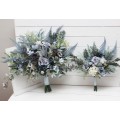 Wedding Bouquets in Dusty Blue, White & Sage Green | Faux Bridal & Bridesmaid Bouquets