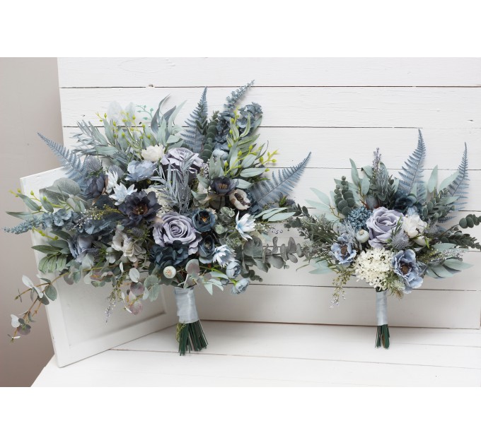 Wedding Bouquets in Dusty Blue, White & Sage Green | Faux Bridal & Bridesmaid Bouquets