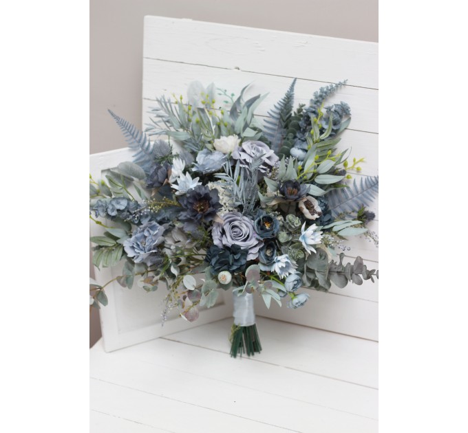 Wedding Bouquets in Dusty Blue, White & Sage Green | Faux Bridal & Bridesmaid Bouquets