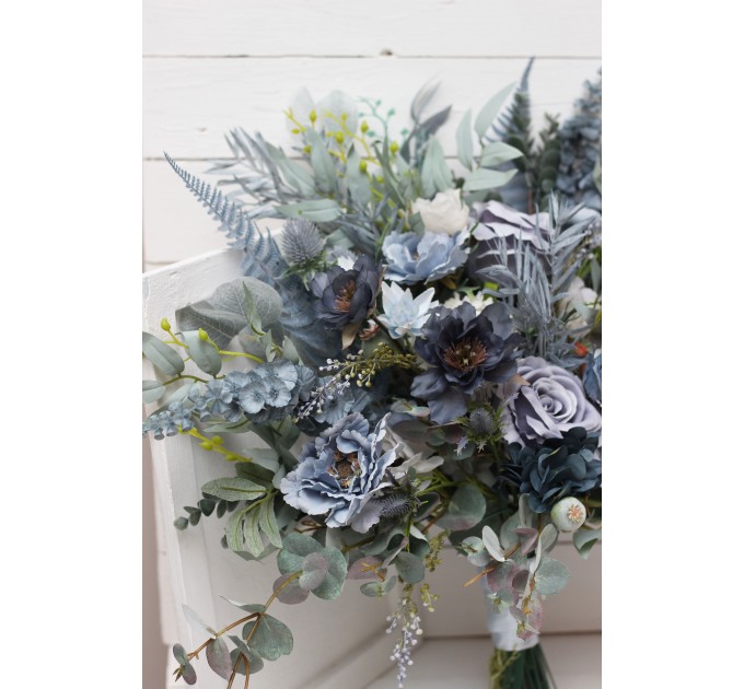 Wedding Bouquets in Dusty Blue, White & Sage Green | Faux Bridal & Bridesmaid Bouquets