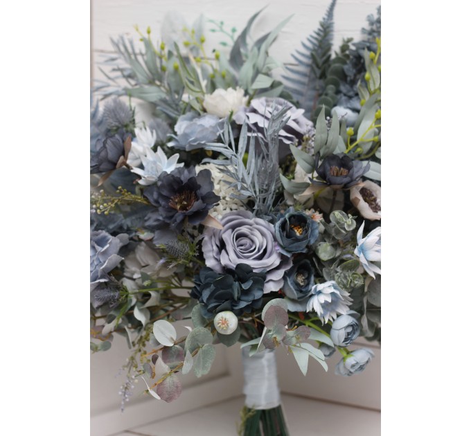 Wedding Bouquets in Dusty Blue, White & Sage Green | Faux Bridal & Bridesmaid Bouquets