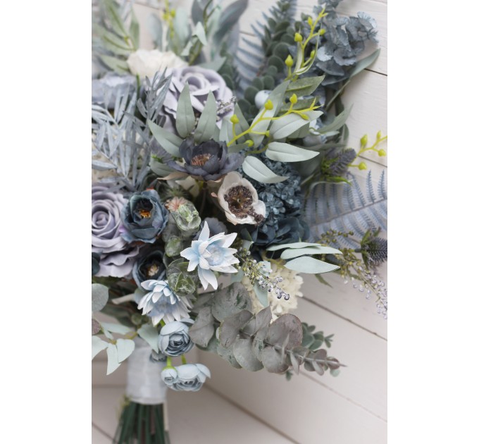 Wedding Bouquets in Dusty Blue, White & Sage Green | Faux Bridal & Bridesmaid Bouquets