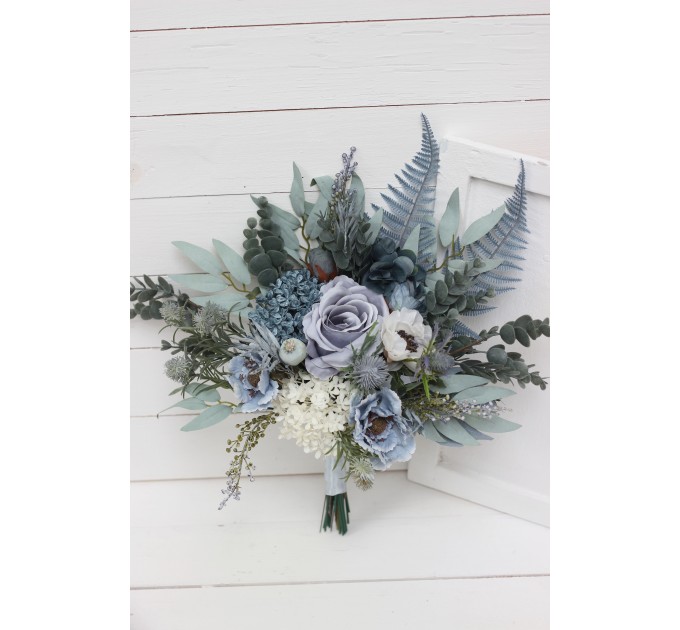 Wedding Bouquets in Dusty Blue, White & Sage Green | Faux Bridal & Bridesmaid Bouquets