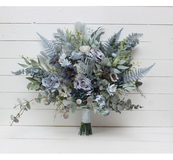 Wedding Bouquets in Dusty Blue, White & Sage Green | Faux Bridal & Bridesmaid Bouquets