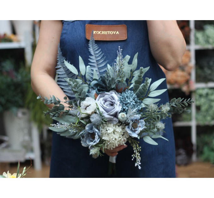 Wedding Bouquets in Dusty Blue, White & Sage Green | Faux Bridal & Bridesmaid Bouquets