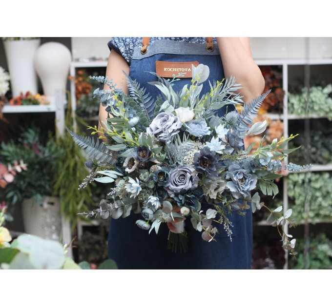 Wedding Bouquets in Dusty Blue, White & Sage Green | Faux Bridal & Bridesmaid Bouquets