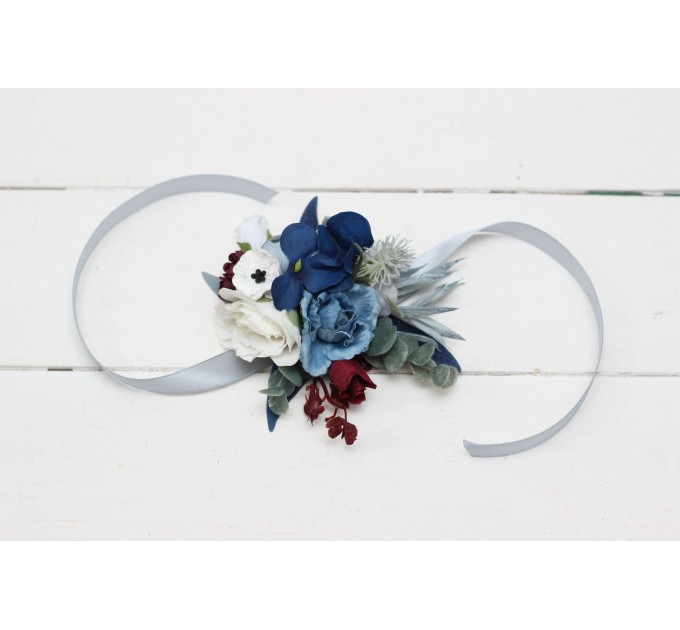  Wedding boutonnieres and wrist corsage  in dusty blue navy blue burgundy white color scheme. Flower accessories. 5063