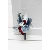  Wedding boutonnieres and wrist corsage  in dusty blue navy blue burgundy white color scheme. Flower accessories. 5063