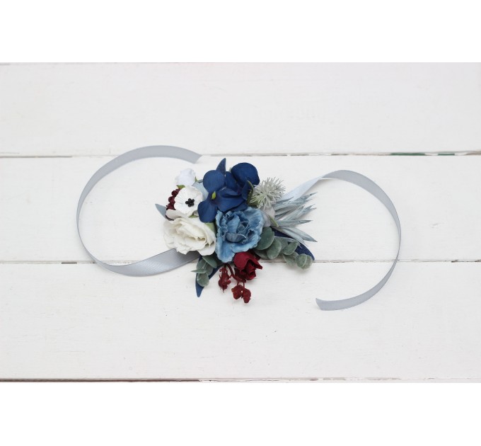  Wedding boutonnieres and wrist corsage  in dusty blue navy blue burgundy white color scheme. Flower accessories. 5063